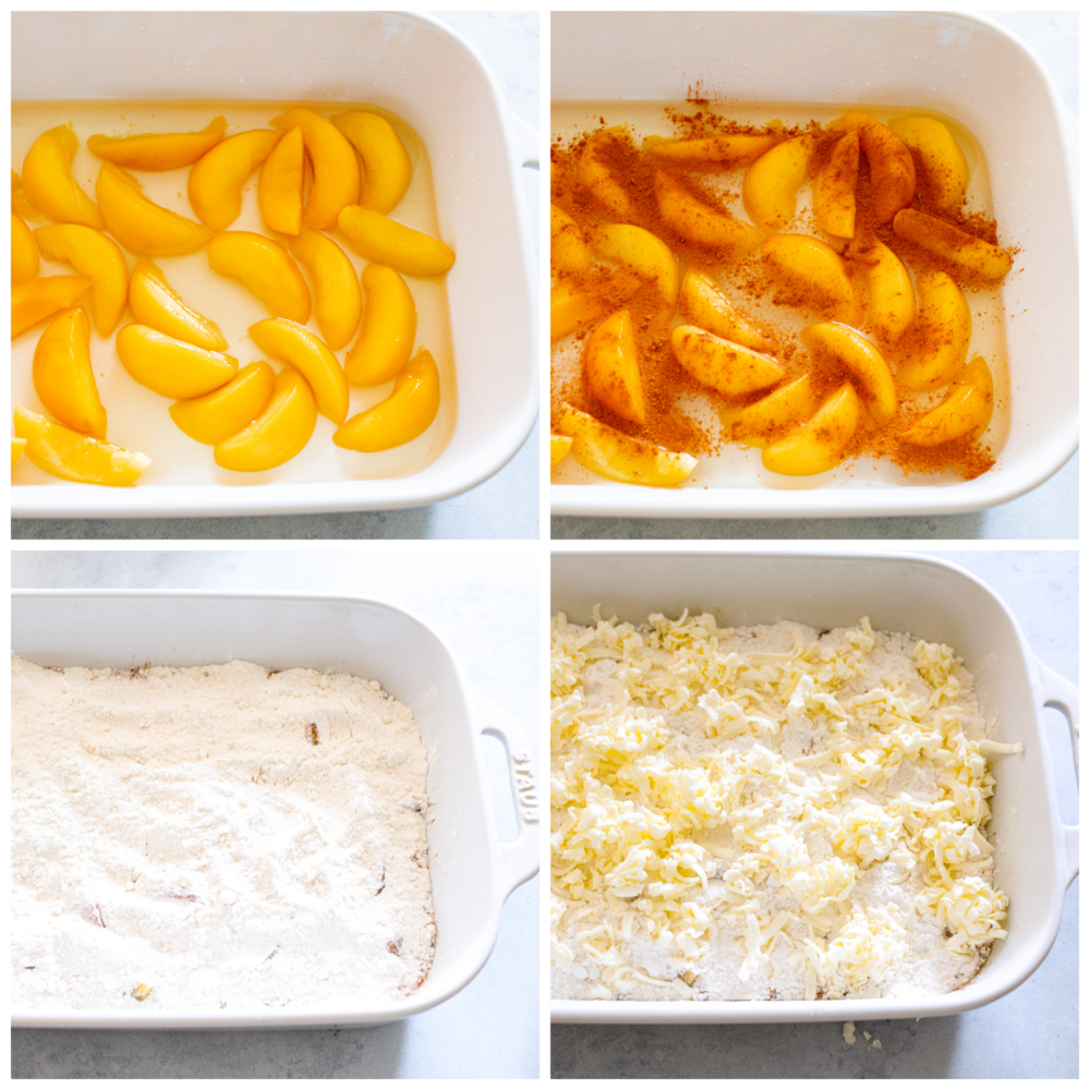 This 5-ingredient peach dump cake is a super easy dessert that is full of warm, cinnamony goodness. Top it off with a scoop of ice cream for a peachy, indulgent dessert the whole family will love. 4-photo collage of cake ingredients being layered in a casserole dish.
