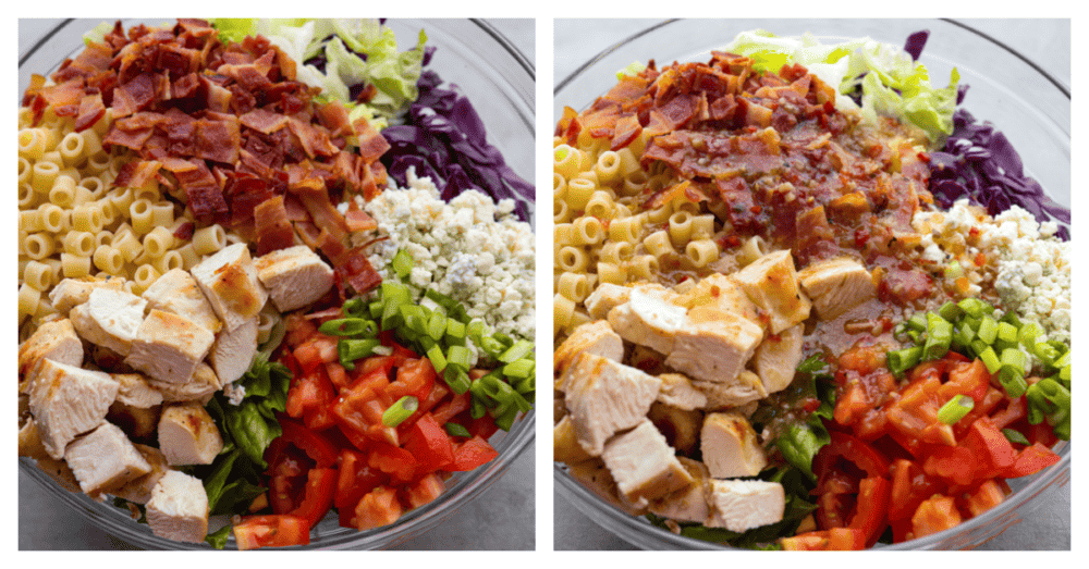 This copycat portillo's chopped salad is the best combination of all time! Romaine lettuce seasoned with a delicious and flavorful vinaigrette dressing. Topped with some pasta, veggies, and cheese, you can't forget the best part... the bacon! 2 pictures showing how to assemble this Portillo's chopped salad and add in the dressing.