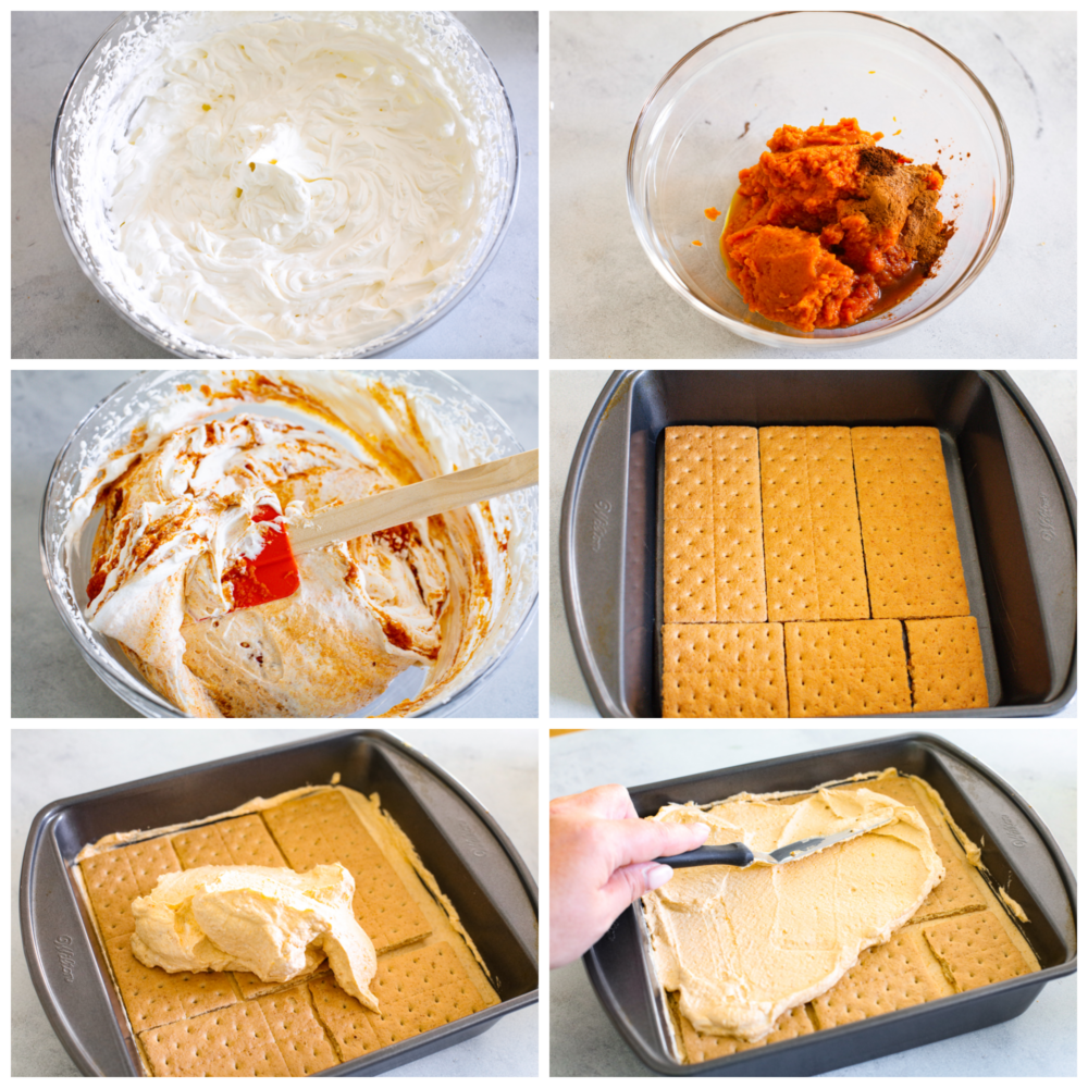 Layers of graham crackers and a creamy pumpkin filling make up this Pumpkin Pie Icebox Cake -- an easy no bake dessert for fall! 6 pictures of process shot on how to make pumpkin icebox cakes.