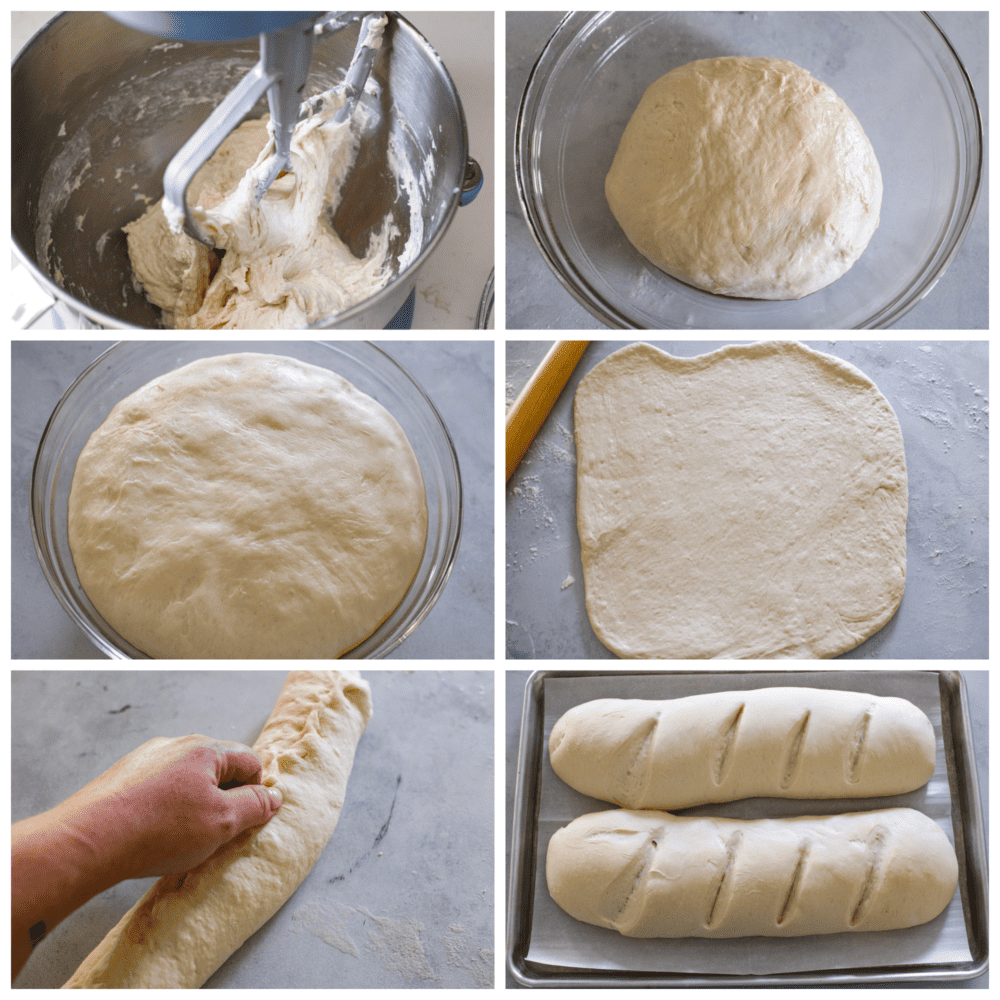 Making homemade French bread is a game-changer! Golden on the outside and supremely soft and tender on the inside, it will complement any meal perfectly! 6-photo collage of bread being prepared.