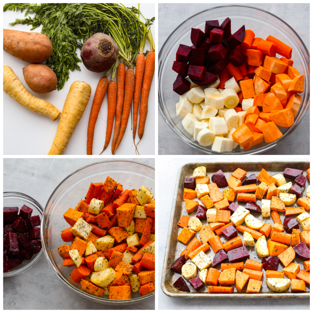 You have not had delicious vegetables until you have tried these roasted root vegetables! They have SO much flavor, and their texture is so tender that you will want to eat these with every meal! 4 pictures showing how to cut root vegetables, coat them and toss them in seasoning and put them on a baking sheet to roast.