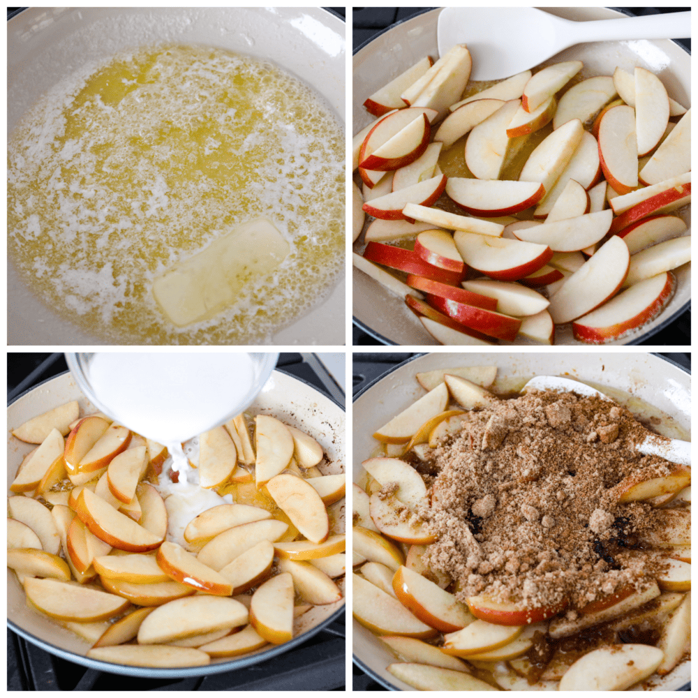 These apples are sautéed in a brown sugar and cinnamon mixture, making them insanely delicious! It's a match made in heaven when you top them with some vanilla ice cream or whipped cream! 4 pictures showing how to saute apples and add on the ingredients to make a sauce.