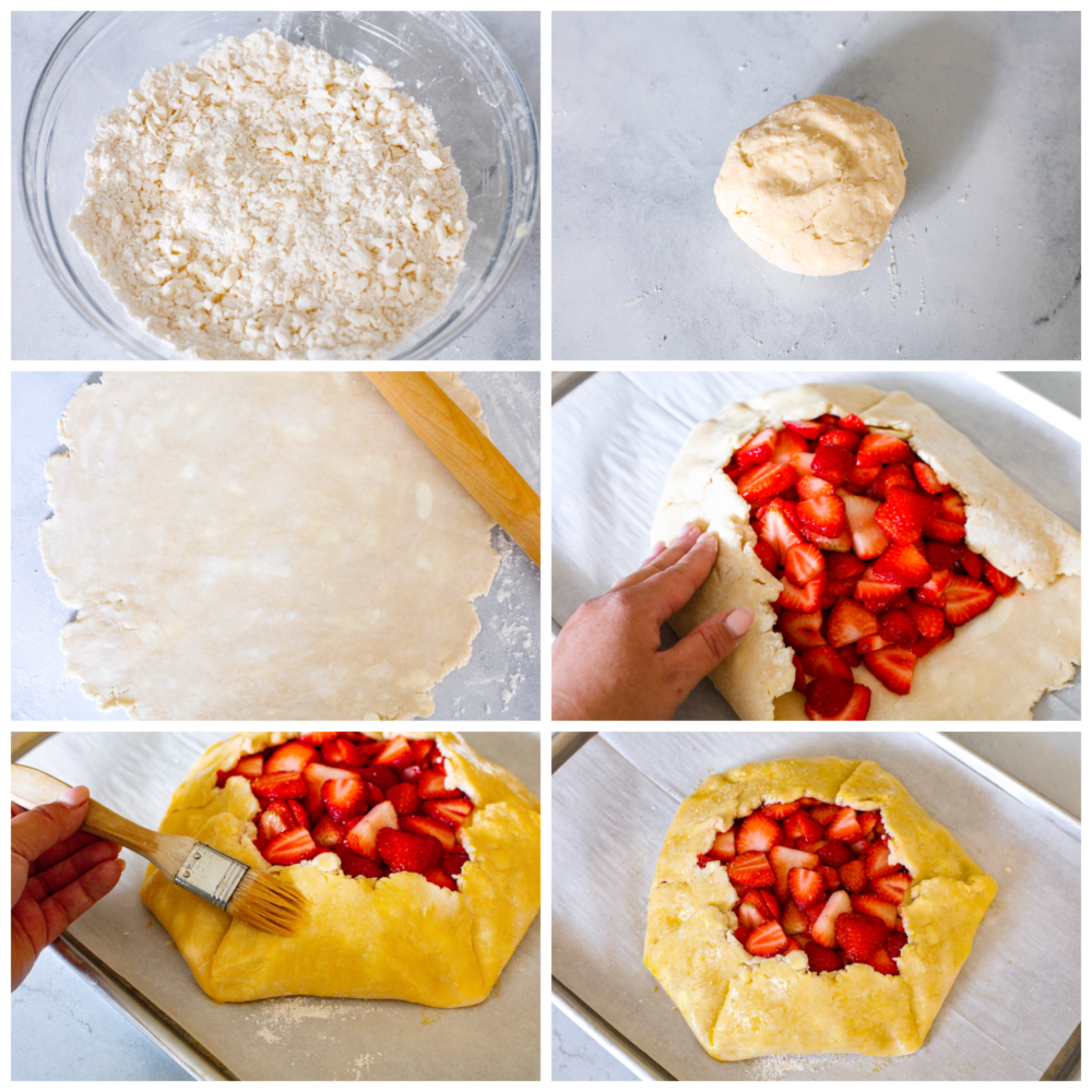 This fresh strawberry galette uses sweetened strawberries that are wrapped in a beautiful rustic buttery pastry and baked to perfection. Strawberry galette is a much easier version of a pie, and it will become your new favorite strawberry dessert! 6 photos showing how to make a strawberry galette. First photo of dough mixed in a glass bowl. Second photo of dough formed into a ball. Third photo of dough rolled out with a rolling pin. Fourth photo of strawberries added and crust being wrapped up around the berries. Fifth photo of the egg wash being brushed on the crust. sixth photo of finished assembled galette ready to go into the oven on a baking sheet.