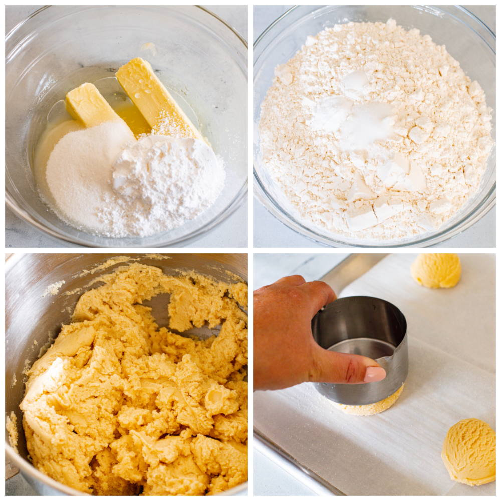 Look no more; this is the best copycat recipe out there for the famous Swig sugar cookie! These Swig sugar cookies are perfectly soft and topped with the most delightfully sweet frosting that you will ever try. You will definitely not be able to stop at just one! 4 pictures showing how to make sugar cookie dough.