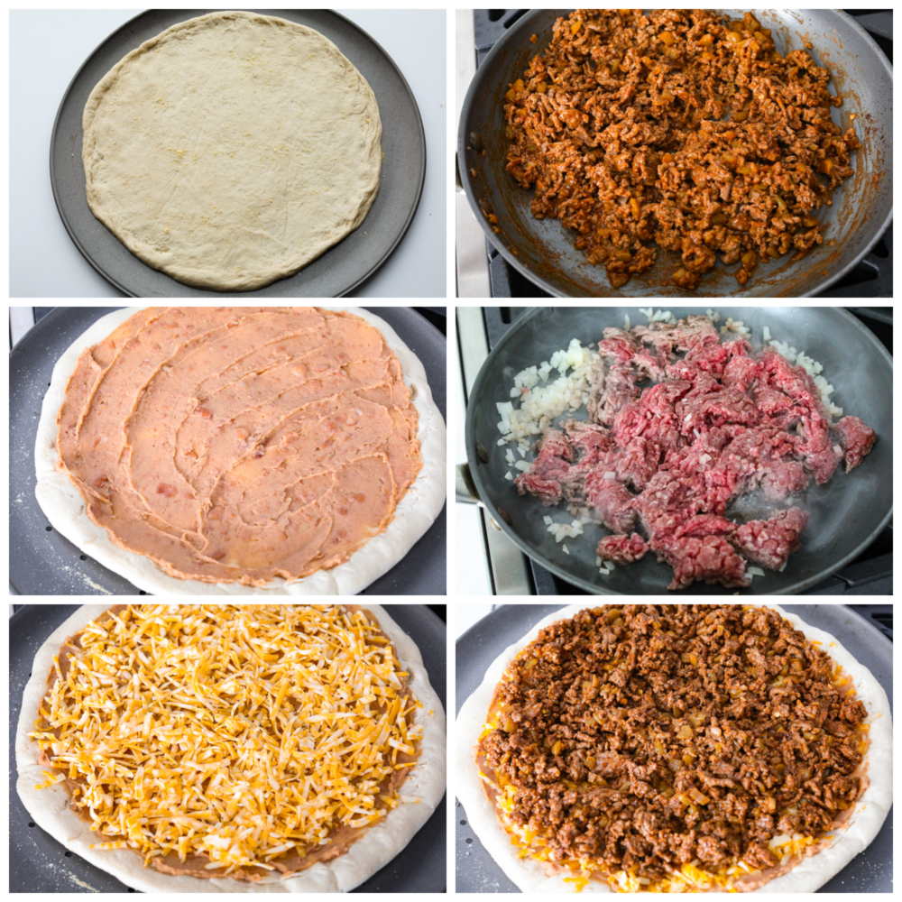 Two classic family favorites, pizza and tacos, come together in this easy weeknight meal that is destined to become a favorite in your home. Taco pizza is loaded with tasty seasoned beef, melty cheese, beans, and fresh veggies for a flavor combination you'll love! 6-photo collage of taco toppings being added to pizza dough.