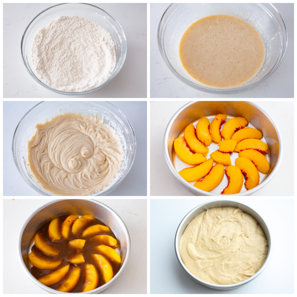 Get ready for your mouth to water as I tell you about this amazingly delicious peach upside-down cake! It is juicy, full of sweet flavor from brown sugar crumbles, and the best part... The soft, melt-in-your-mouth cake that combines it all together! 6 pictures showing how to make the caramel base, add the peaches and then top it with the cake batter.