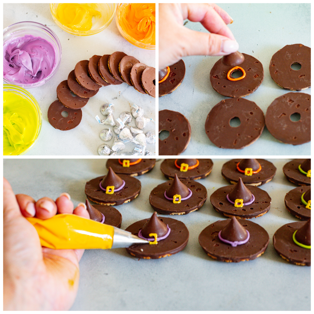 These Easy Witch Hat Cookies are sure to put a spell on your Halloween party guests! With a fudge cookie base and a Hershey's kiss on top, they are simple to put together and delicious to eat. These are the perfect treat for kids to help assemble and clean-up is a breeze. 3-photo collage of cookies being assembled.