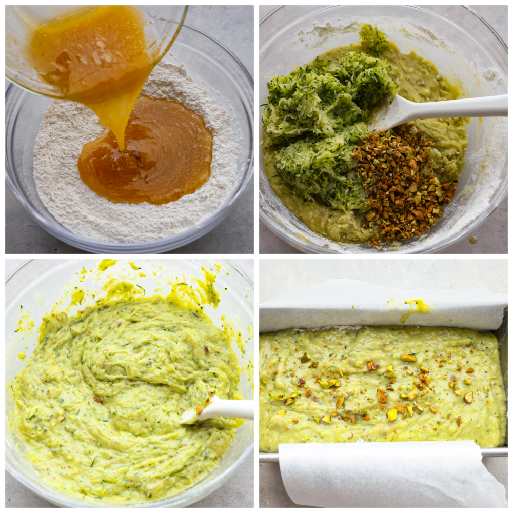 This deliciously soft pistachio zucchini bread is the perfect twist on a classic recipe. Packed with tons of unique flavor combinations from the pistachios and zucchini, you will LOVE this bread! 4 pictures showing how to make the batter, mix it together and add it to a loaf pan.