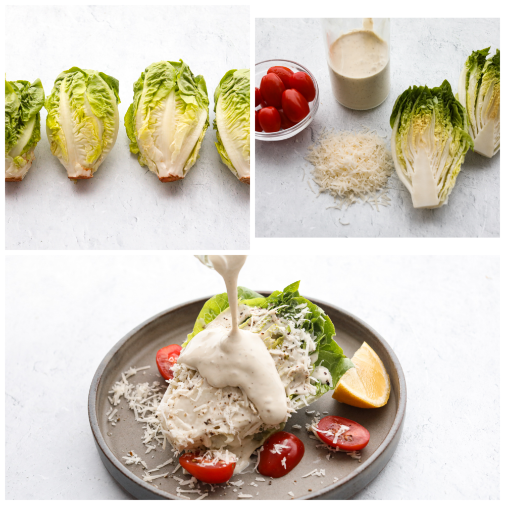 This caesar wedge salad is a twist on a classic starter and it's filled with delicious and fresh flavors! It's perfect for serving with every meal and your whole family will love it! 2 pictures showing the salad ingredients and thence picture of the wedge salad on a plate with the dressing being poured on top.
