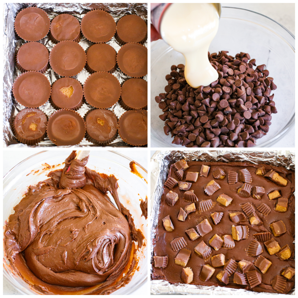 An easy 3 ingredient no-bake fudge that has Reese's Peanut Butter Cups inside. Reeseโs fudge is creamy and delicious and only takes 20 minutes to throw together! It will have the whole family wanting more. 4-photo collage of peanut butter cups being added to a pan and topped with melted chocolate.