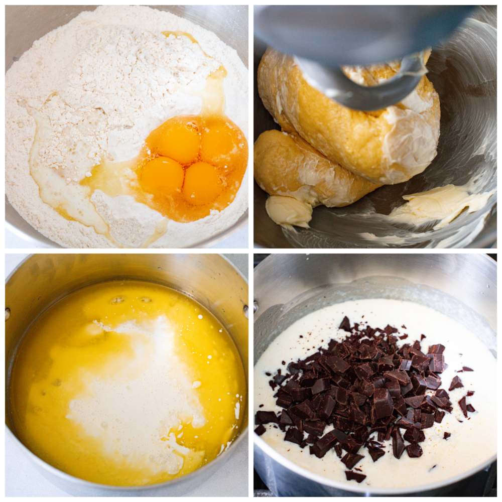 Youโre not going to be able to get enough of this soft, sweet babka bread filled with luscious chocolate! With its beautiful swirled interior, it looks as good as it tastes! 4-photo collage of bread dough and chocolate filling being prepared.