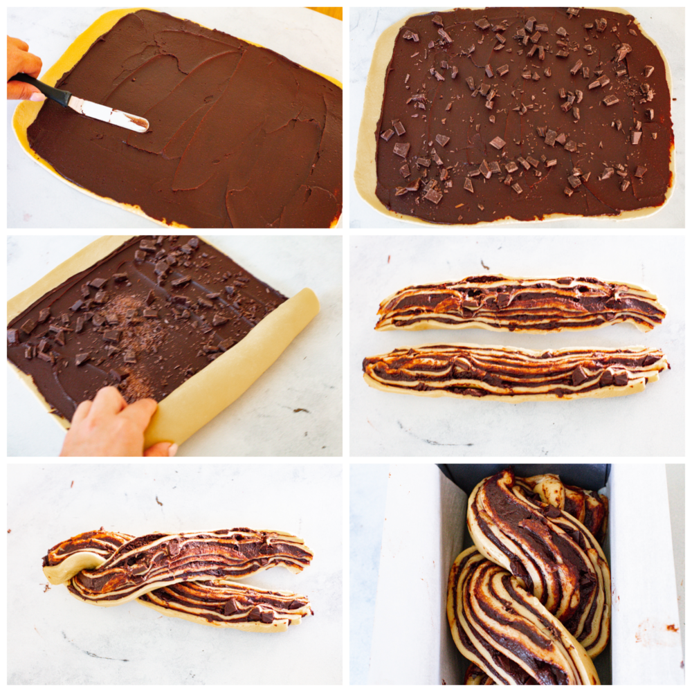 Youโre not going to be able to get enough of this soft, sweet babka bread filled with luscious chocolate! With its beautiful swirled interior, it looks as good as it tastes! 6-photo collage of chocolate filling being added to bread dough, then braided into a babka shape.