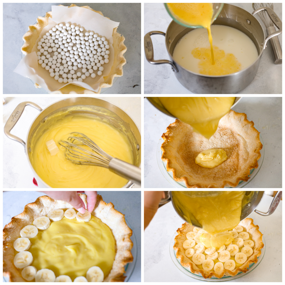A classic dessert, made with a creamy vanilla bean and banana custard filling! This banana cream pie recipe is foolproof and ready to please a crowd! 6-photo collage of crust being prebaked and pie filling prepared.