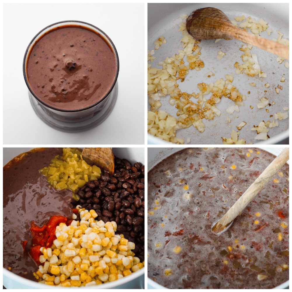 A super easy 20-minute black bean soup! This soup is hearty and filling and a great option for those wanting a vegetarian option! It's made with black beans, a variety of veggies, and delicious seasonings for a savory soup with a hint of warm spice! 4-photo collage of black bean soup broth being prepared.