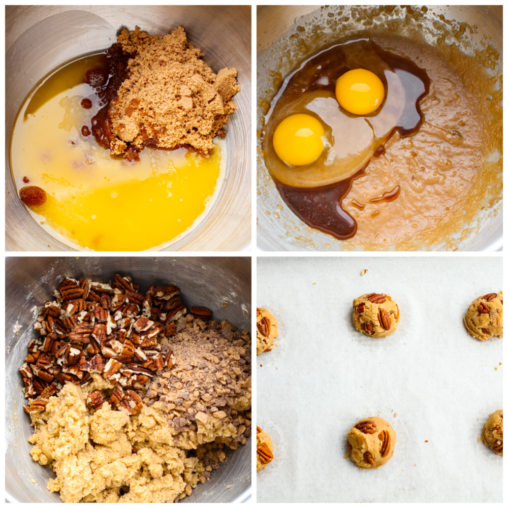 Soft, chewy,ย butter pecan cookiesย made with lightly toasted pecans andย crunchy toffee bits. These are buttery and delicious and there's no mixer or chilling required! 4-photo collage of cookie batter being prepared.