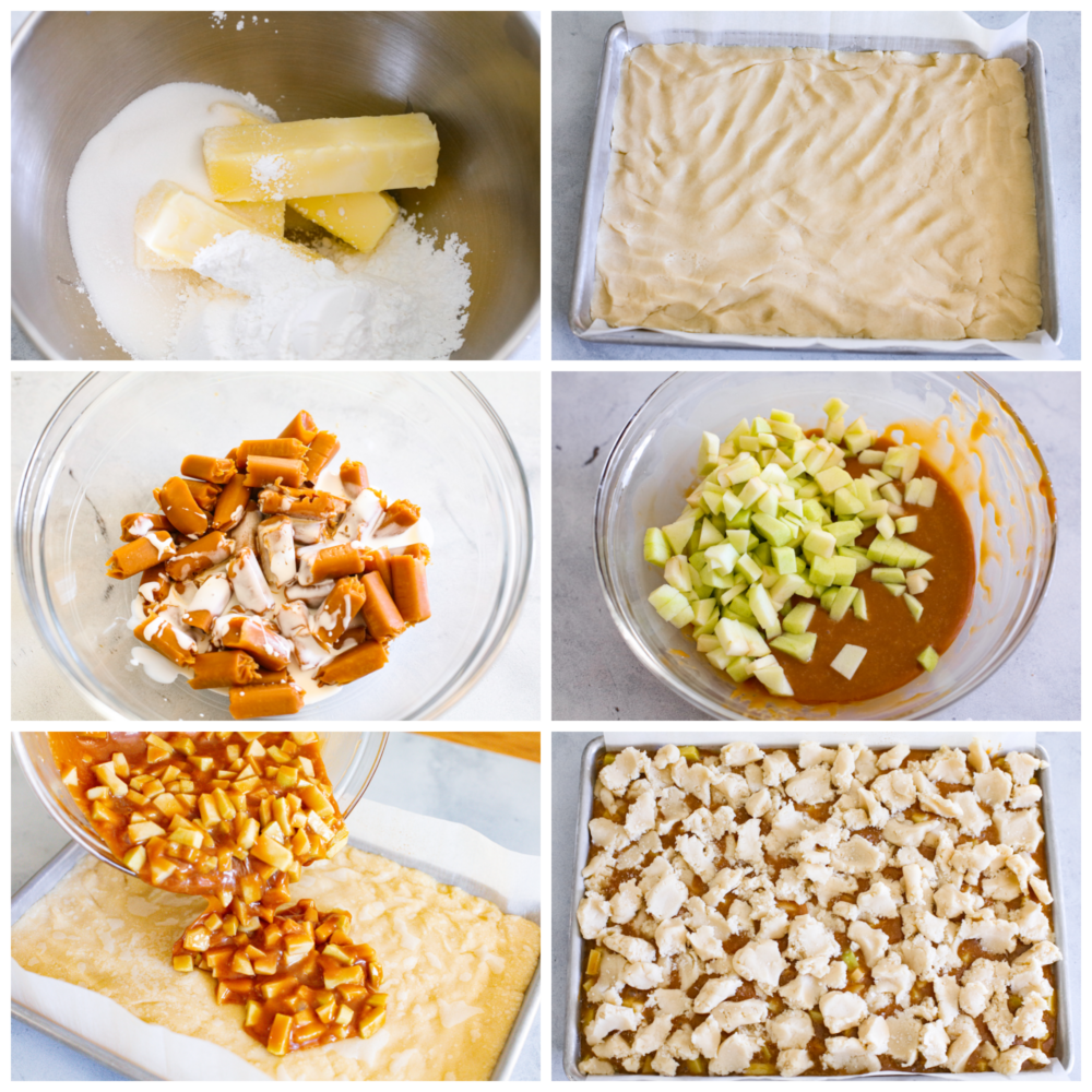 Salted caramel apple bars are ooey-gooey treats that have an amazing buttery shortbread crust and a soft and sweet caramel apple center!ย This is one of the best desserts you will make this fall! 6 pictures showing how to make the dough, make the filling and then combine them together on a baking sheet.