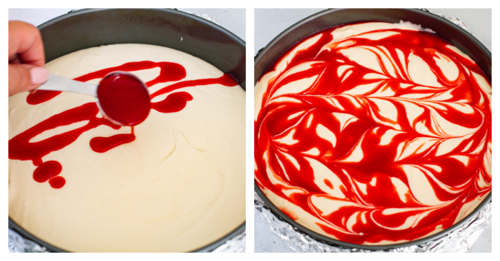 Creamy, rich, and filled with flavor, this white chocolate raspberry cheesecake is a deliciously decadent dessert! Its marble swirl on top and graham cracker crust on the bottom will make you want to serve this dessert with every meal! 2 pictures showing how to swirl the raspberry filling into the batter.