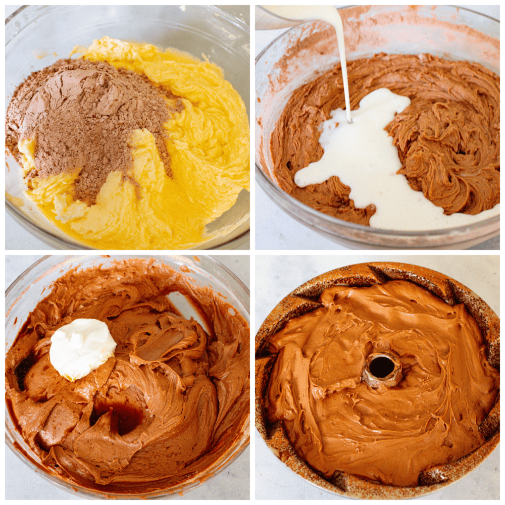Get ready to eat the best dessert that you will have all year long! This chocolate pound cake tastes as good as it looks, and it is the perfect dessert for any occasion! 4 pictures showing how to make the cake batter and add it to a bundt pan.
