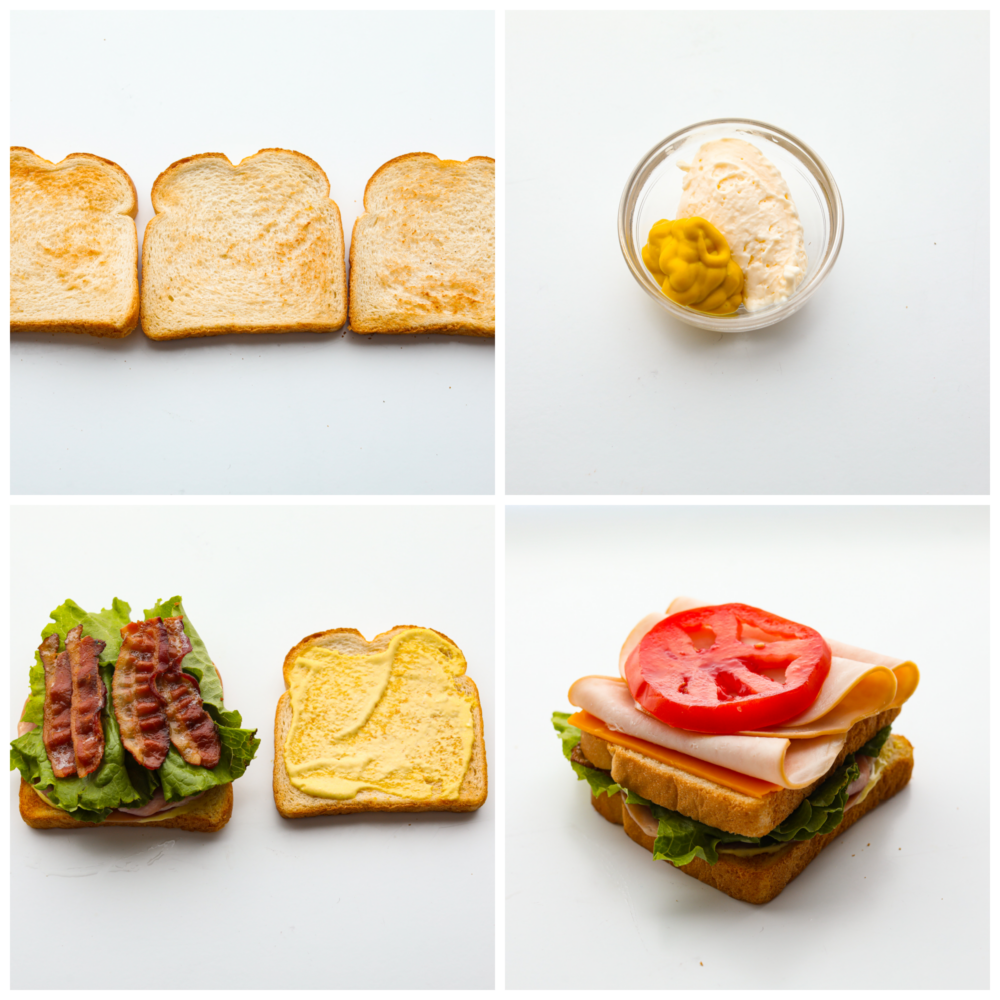 There’s a reason why club sandwiches are so popular - you can’t go wrong with 3 pieces of toasty bread smothered in mayonnaise, mustard, and then layered with meat, cheese, and fresh greens! This classic club sandwich recipe is going to be your new lunch go-to. 4-photo collage of sandwich being prepared.