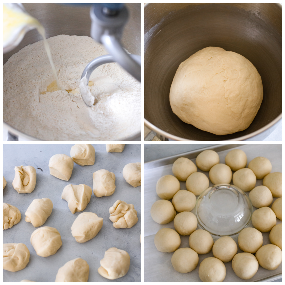 Easy, delicious, and adorably festive, this Dinner Roll Wreath is perfect for holiday dinners! Warm and soft rolls arranged to look like a wreath are sure to spruce up your holiday dinner table. Process photos showing ingredients being added to a stand mixer, the dough formed in the mixer, the dough divided into rolls on a counter top, and finally the dough shaped into a wreath with a glass bowl in the center.