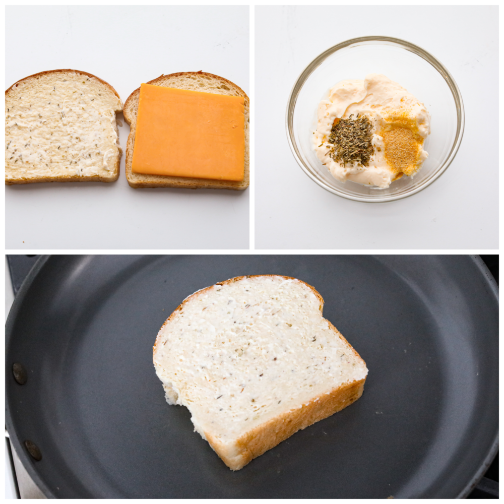 You will never cook another grilled cheese sandwich again after you try this one! It's deliciously cheesy on the inside, and once you sink your teeth into that crispy outside, it is absolute perfection! 3 pictures showing how to assemble the grilled cheese, add the mayo and place it on a pan on the stove.