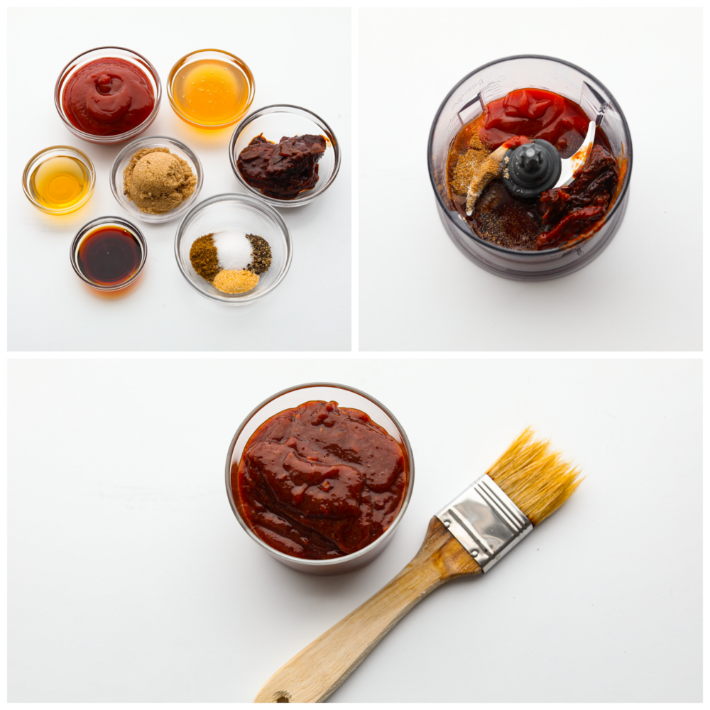 This honey chipotle sauce is packed with so much flavor you will want to put it on everything! The blended spices will elevate any meal and have all of your guests asking for the recipe! 3 pictures of spices in separate bowls, then mixed together in a food processor and then all together in a glass bowl with a basting brush next to it.