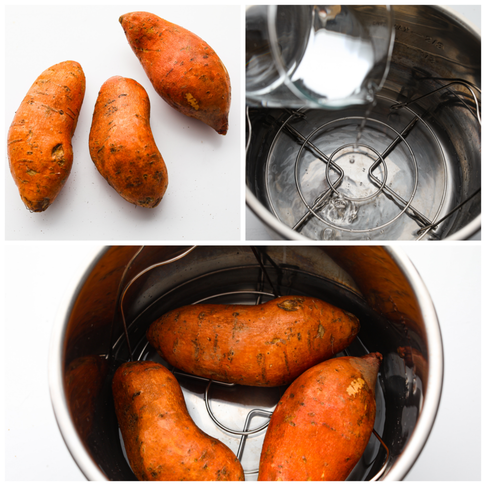 Using an Instant Pot to cook your sweet potatoes is the best! They turn out perfectly sweet, creamy, and soft in half the time it takes to bake them! 3-photo collage of water being added to the base of an Instant Pot and whole sweet potatoes added inside.
