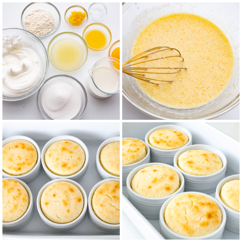 This lemon pudding cake is gorgeous, decadent, and delicious! Dusted with powdered sugar and topped with fresh berries, it's perfect for impressing your guests on any occasion! Four process pictures showing how to make the cake batter and then what it looks like after it finished baking in the ramekins.