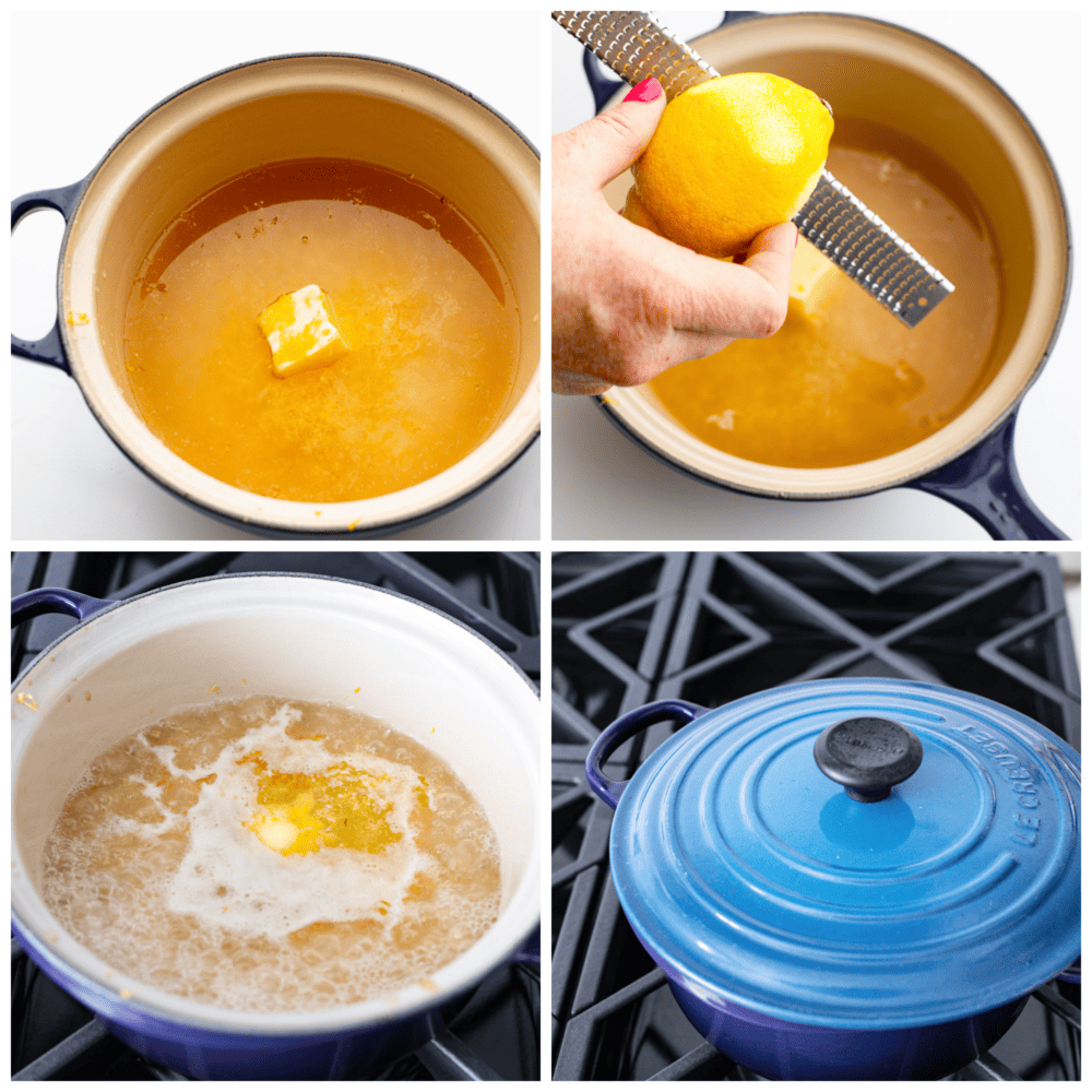 This zesty lemon rice is the perfect summer side dish! It's creamy, savory, and packed with bright citrus flavor! Serve it with your favorite fish or meat dishes for a crave-worthy meal. 4-photo collage of lemon rice being prepared and cooked.