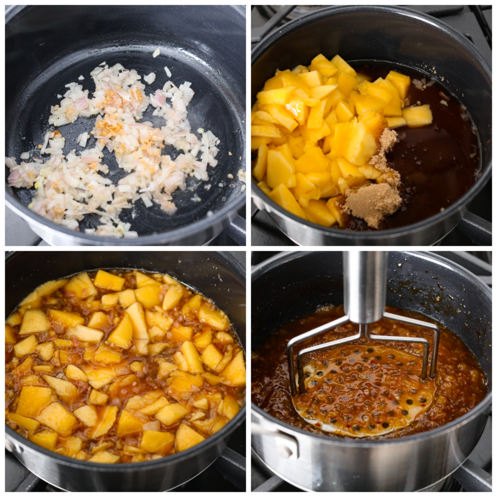 This delightful mango chutney is a spread that can be used in so many different recipes! It packs a punch when it comes to flavor, and you will always want to have some on hand! 4 process pictures showing how to cook up all of the ingredients on the stove and then mash them up.