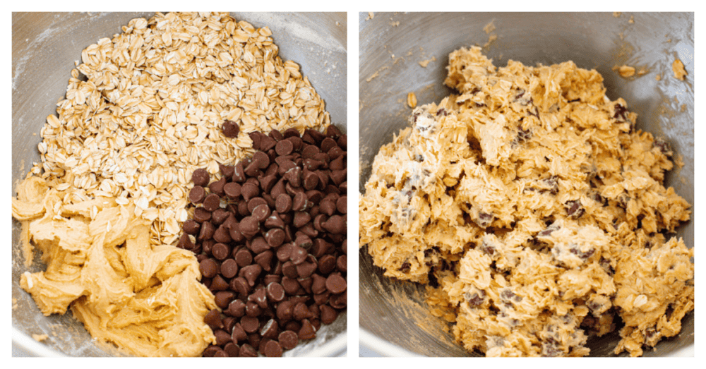 These oatmeal chocolate chip cookies are crispy on the outside, chewy on the inside, and loaded with chocolate! They are insanely delicious, and the flavors combine to make the best cookie of all time! 2 pictures showing how to add the ingredients to a mixing bowl and mix it all up.