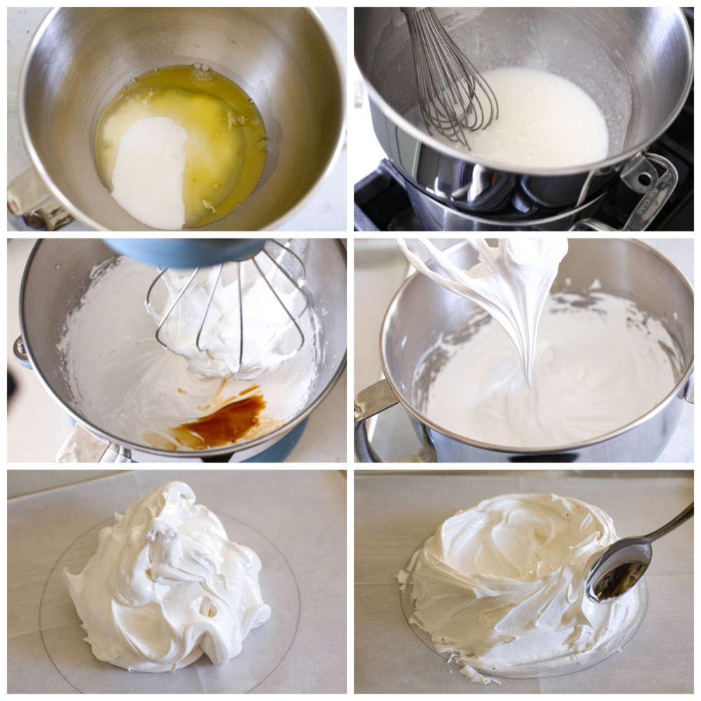 This pavlova has a light and crispy outside with a deliciously soft and chewy inside. Topped with a sweet cream topping and fresh fruit, it's a dessert that will stand out at any gathering! 6 pictures doing how to make the pavlova and spread it out to get it ready to bake.