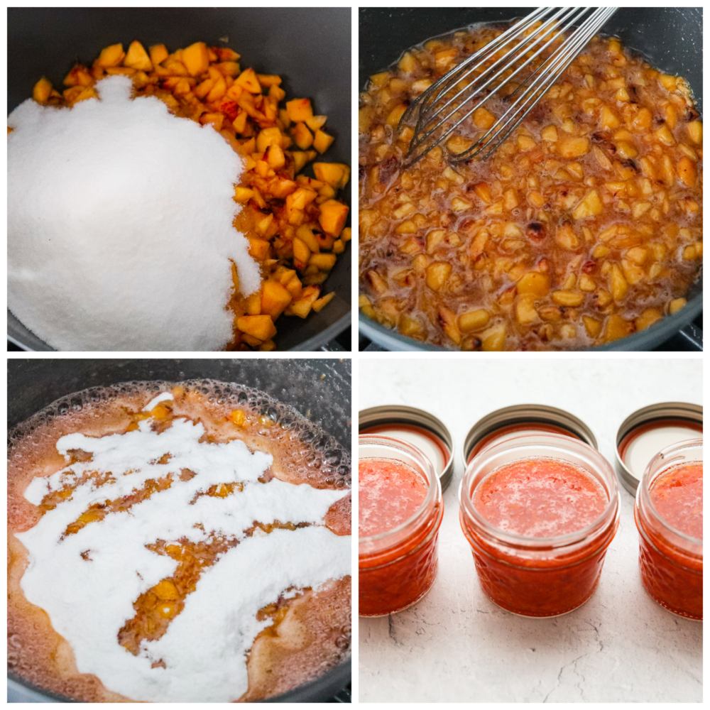 Fresh peach jam can easily be made at home to enjoy all year round. Ripe Summer peaches, sugar, lemon, and pectin quickly turn into a delicious jam with no canning required. First photo is the diced peaches and sugar in a large pot. Second photo is a whisk whisking the sugar into the peaches. Third photo is the pectin sprinkled on top of the cooked peaches. Fourth photo is three glass jars filled with peach jam. The lids are sitting behind them on the table.