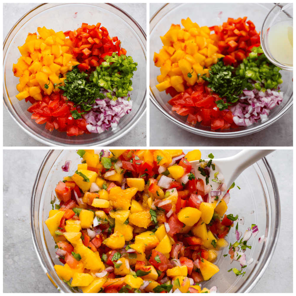 Fresh peach salsa is sweet and savory and the best of both worlds! Vine ripe peaches combined with garden vegetables create a delicious salsa to enjoy with tortilla chips or on chicken or fish. 3 pictures showing how to add chopped ingredients to a glass bowl, add the dressing and mix.
