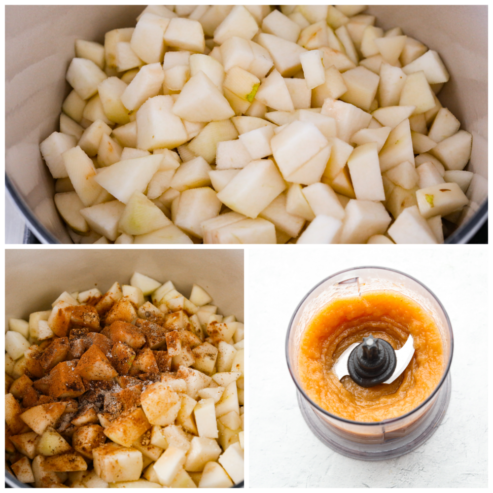 Sweetened with honey and warm spice, this homemade pear butter is a fall staple you'll want to put on everything! It's great for canning and storing to enjoy with all of your favorite baked goods year-round. 3-photo collage of pears being blended together with various spices.