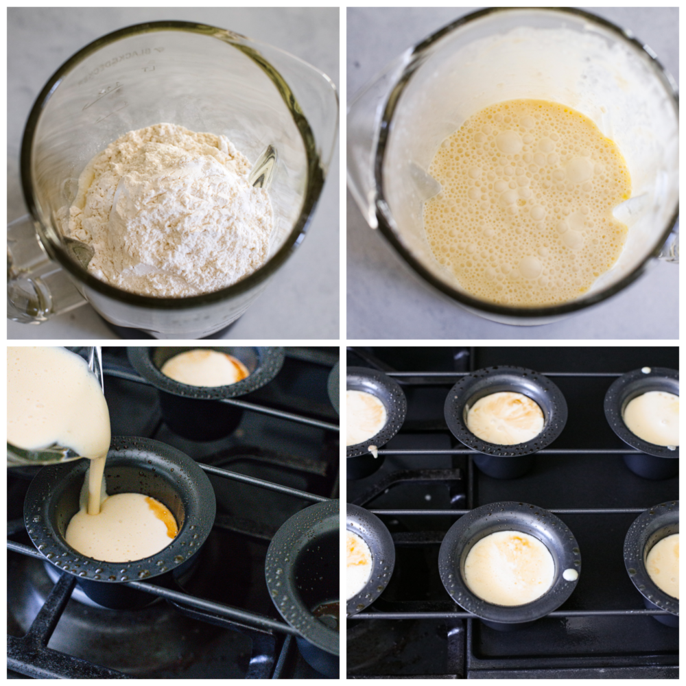 Golden, crisp, and deliciously airy, these homemade popovers are the best addition to any meal! Made with a simple egg batter, popovers have a buttery texture and the perfect chew! 4-photo collage of popover batter being prepared and added to the wells of a pan.
