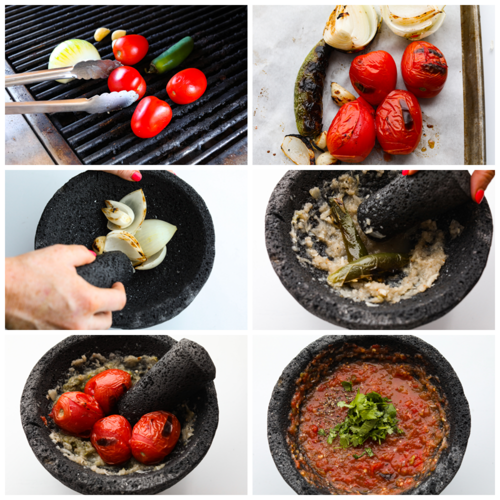 Prepare for the best salsa of your life! This roasted tomato salsa is the best combination of smoky, sweet, and spicy! Youโll be hooked after one dip. 6-photo collage of vegetables being roasted then mashed in a molcajete.