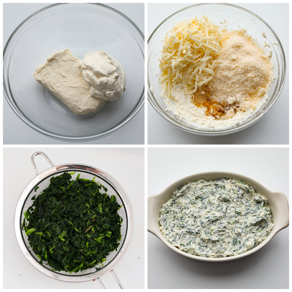 Spinach dip is a classic appetizer known for its creamy and comforting flavors. The combination of spinach, cheeses, and seasonings creates a delicious dip you'll want to bring to all of your gatherings! Four process photos of how to make spinach dip. First photo is the cream cheese and sour cream in a bowl. Second photo is the cheeses and seasonings added on top. Third photo is of the spinach draining in a strainer. Fourth photo is the spinach dip in the oval white baking dish.