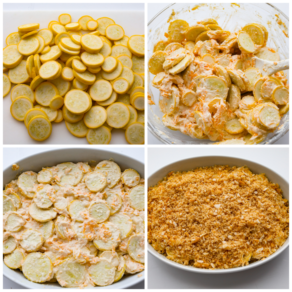 This recipe is the best way to use up that yellow summer squash!ย Squash casserole is a great way to use up fresh squash from your garden. Easy to make with a creamy, cheesy filling and a crispy, buttery topping! 4 pictures showing how to slice zucchini, add in the cheese and top with crumbled ritz crackers.