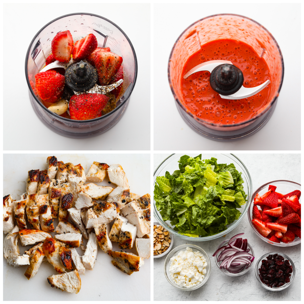 This strawberry chicken salad is filled with fresh fruit, goat cheese, almonds, and chicken and makes my mouth water just thinking about it! The strawberry balsamic dressing gives it the perfect flavor and takes this salad over the top! 2 pictures showing how to make the dressing and 2 pictures showing all of the ingredients for the salad in glass bowls.