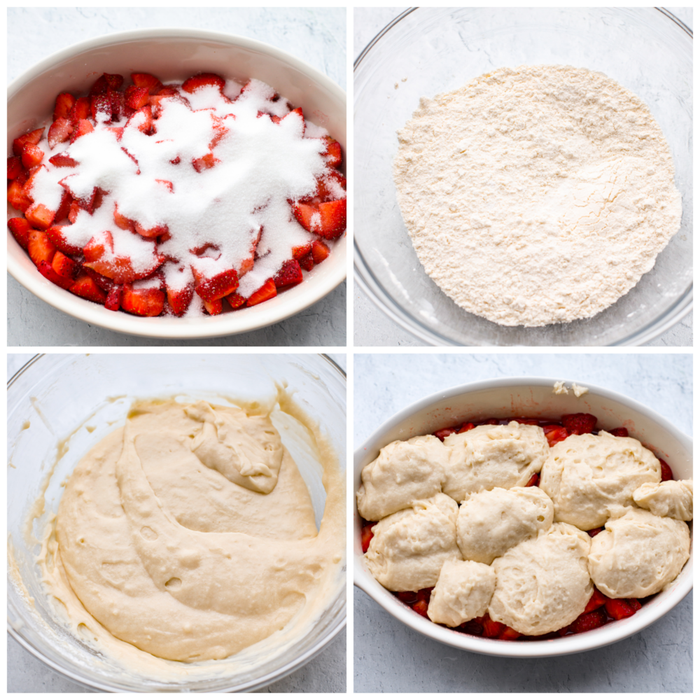 This easy-to-make strawberry cobbler is loaded up with fresh strawberries and topped with a sweet vanilla cake. It's a crisp crust on the outside and is soft and buttery on the inside. Top with some vanilla ice cream for the ultimate treat! 4 pictures showing how to make the strawberry mixture and then add the dough on top.