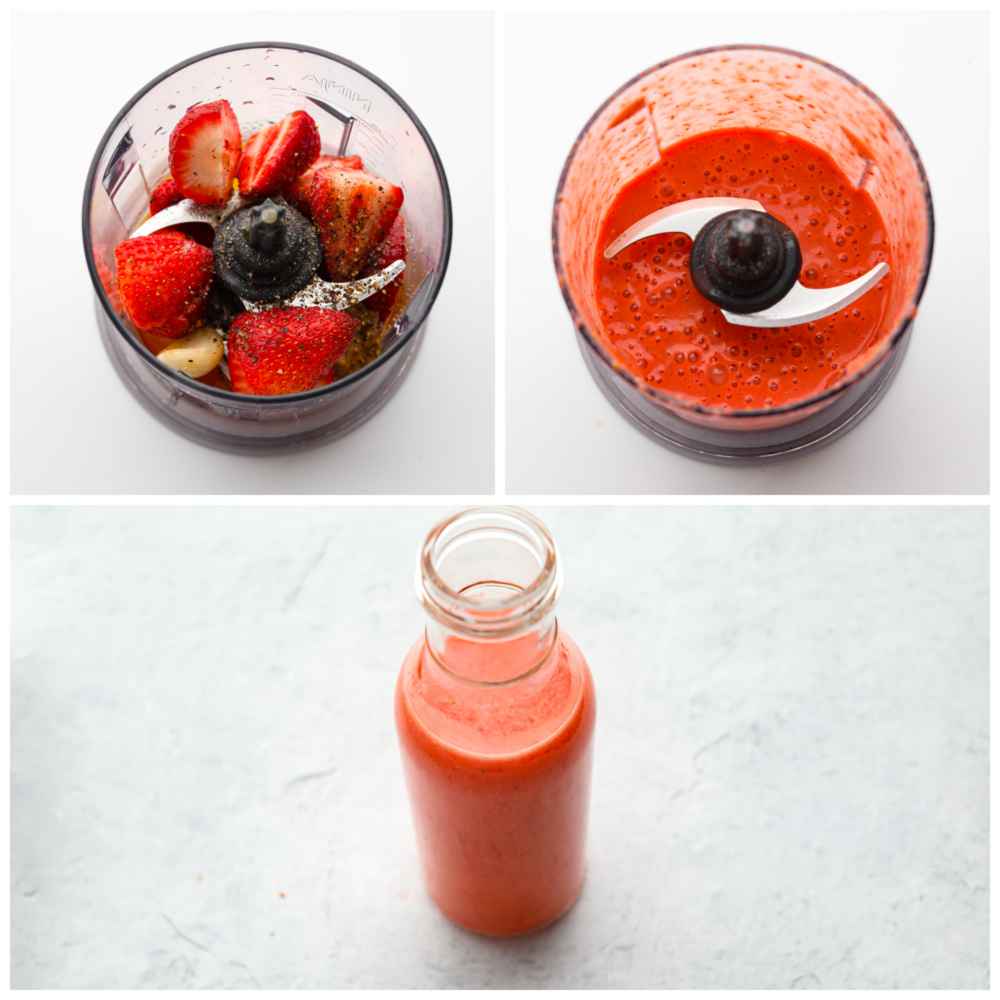 This strawberry vinaigrette is a delicious combination of sweet and tart all at the same time. It's the perfect way to brighten up any meal and it's so flavorful that you'll find yourself putting it on everything! 3 pictures showing how to add ingredients to a food processor and pulse them until smooth.