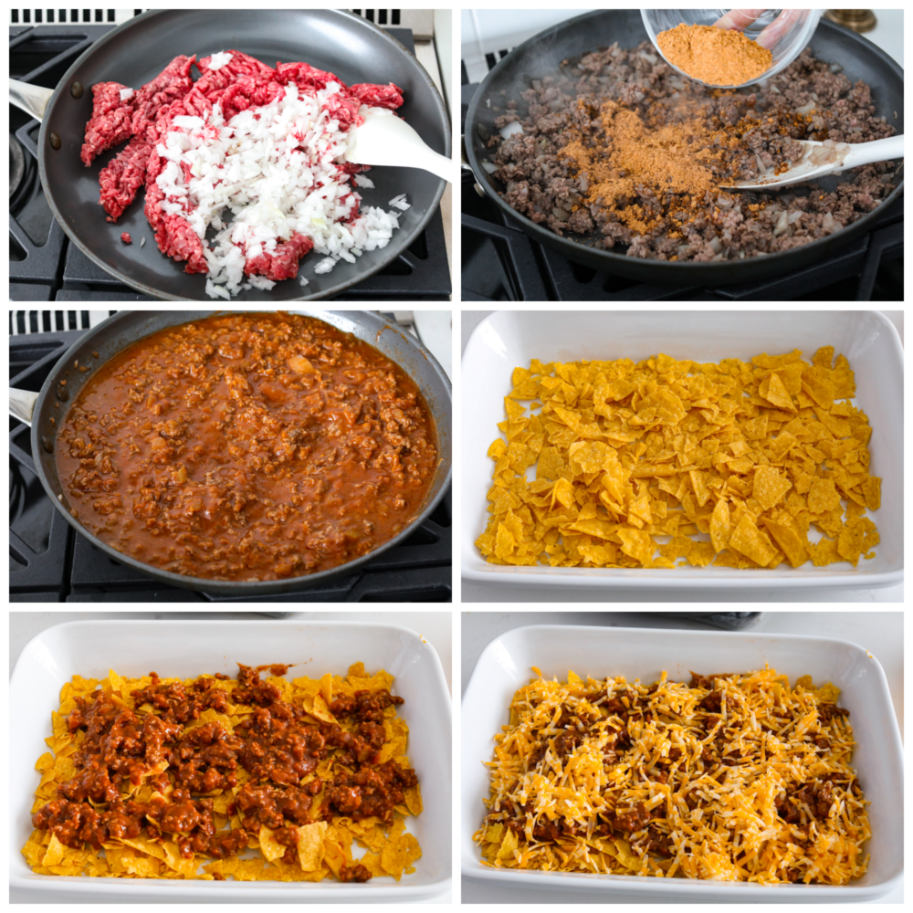 Easy taco casserole is beef, cheese, and tortilla chips layered up and loaded with rich flavor throughout. It is an easy-to-make, crowd-pleasing dinner that will be a hit with everyone! 6 pictures showing how to brown your meat, add in the sauce and seasonings, layer it on chips and add cheese on top!