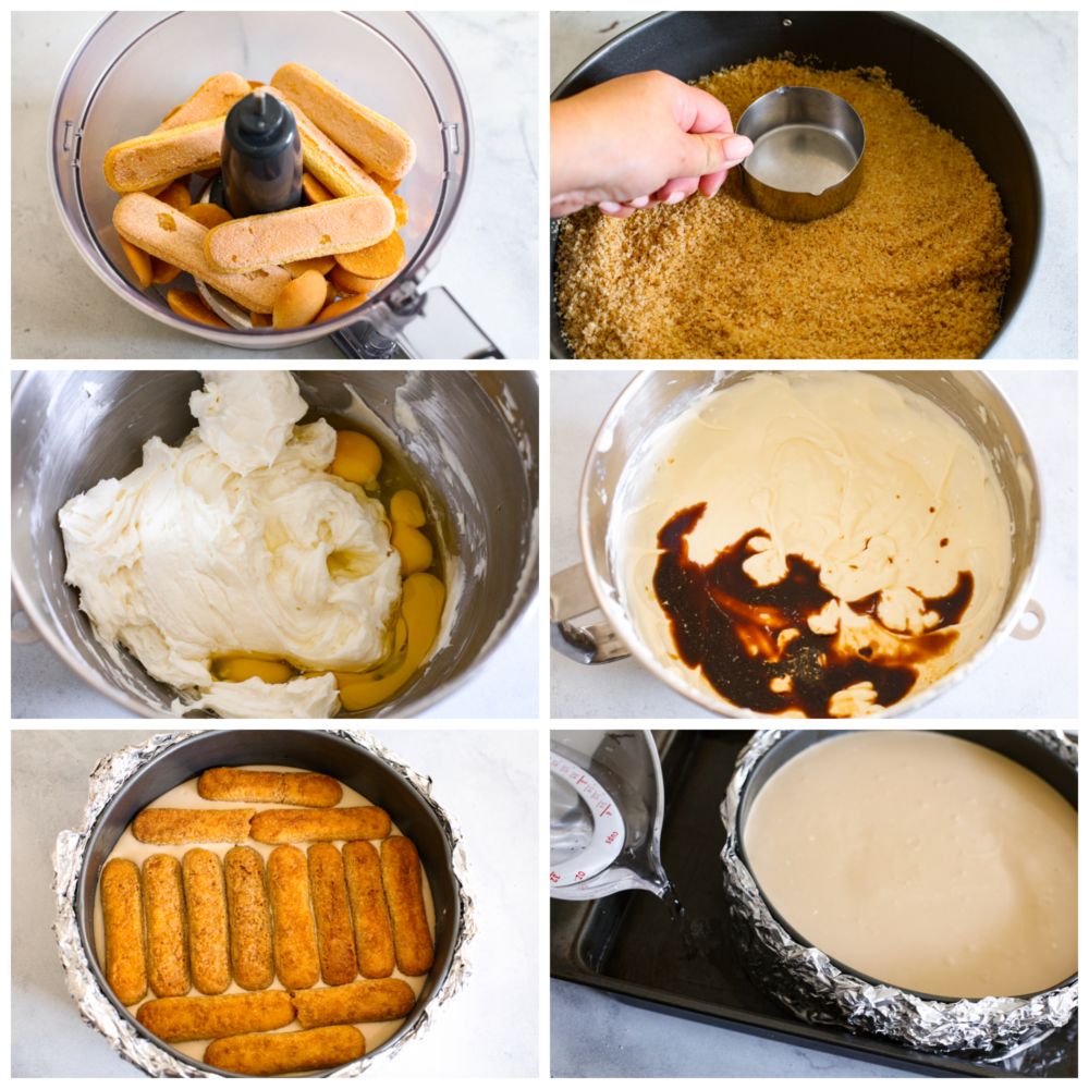 This decadent and delicious tiramisu cheesecake is creamy and will melt in your mouth with every bite. Trust me when I tell you that you will want to make this dessert every time you have guests! 6 pictures showing the process of making the crust, the filling and then getting it ready to bake.