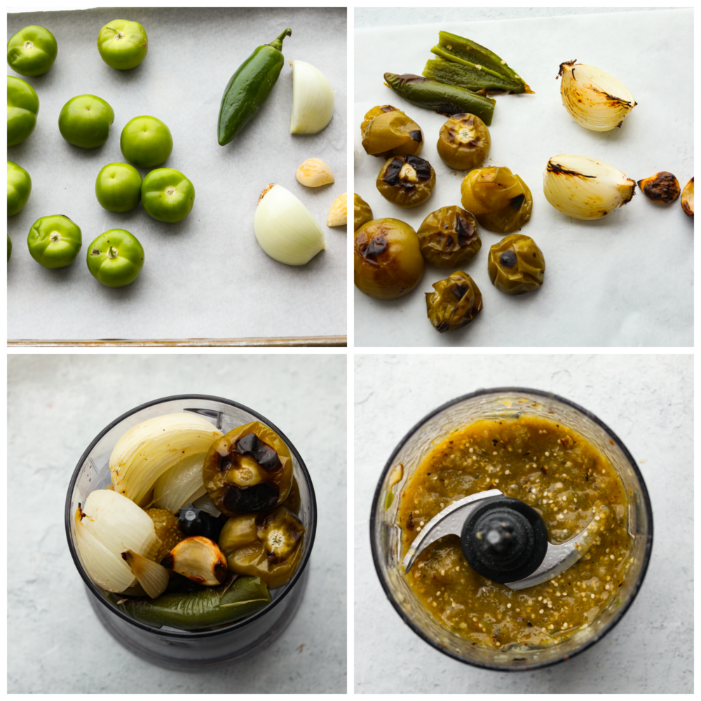 Fresh and delicious tomatillo salsa is the key to any successful Mexican meal! This is packed with so much flavor, and you will want to use it on everything! Collage of vegetables being roasted and then added to a food processor.