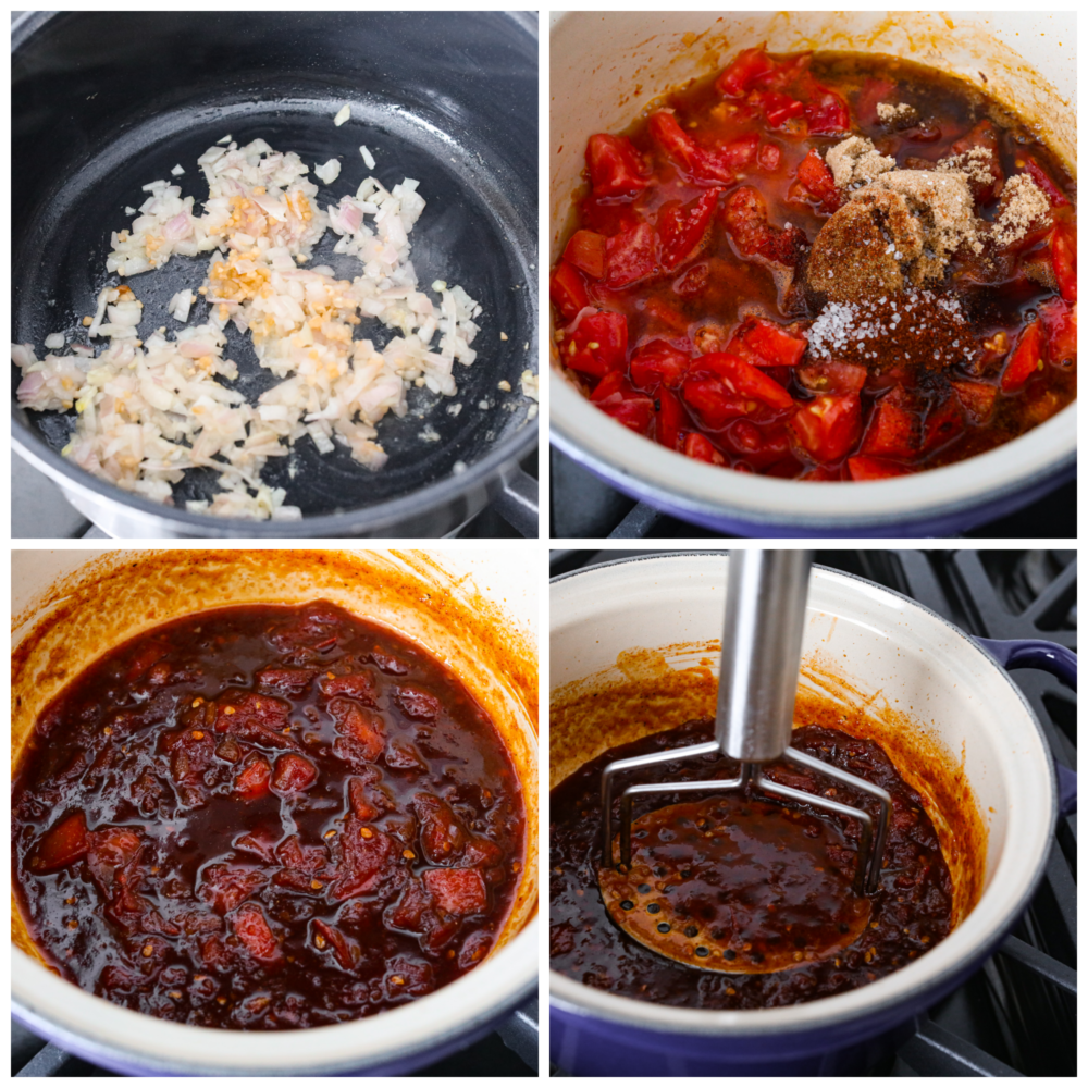 Tomato chutney is a sweet and savory condiment bursting with tomato flavor, delicious spices, vinegar, and brown sugar. Best known for being the perfect pairing for Indian cuisine, tomato chutney is a great addition to curries, naan bread, and charcuterie boards. First photo is the shallot and onion sautéing in a saucepan. The second phot is the tomatoes, brown sugar, vinegar, and spices added in the pot. The third photo is the cook chutney in the pot. The fourth photo is a masher mashing the chutney in the pot to make it a smoother consistency.