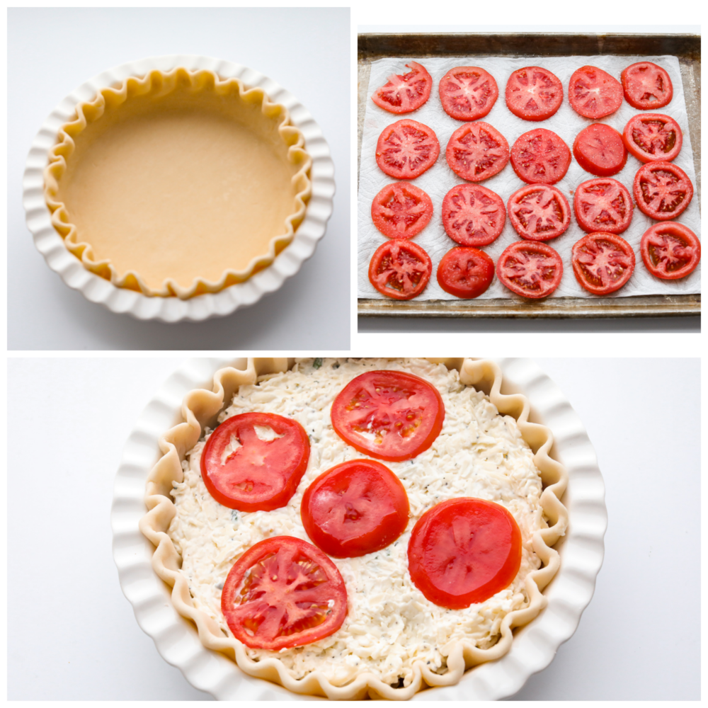 Filled with a cheddar cheese mixture layered in between thick slices of summer tomatoes makes this the best tomato pie. There's no better way to close out summer than making this delicious southern recipe. 3 pictures showing how to assemble the pie.