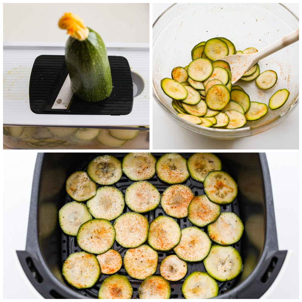 If you're looking for a healthy and delicious way to use up your summer zucchini, making chips in the air fryer is the answer! They're low-carb, seasoned to perfection, and perfectly golden and crispy! 3-photo collage of a zucchini being cut into thin slices, seasoned, and then added to an air fryer basket.