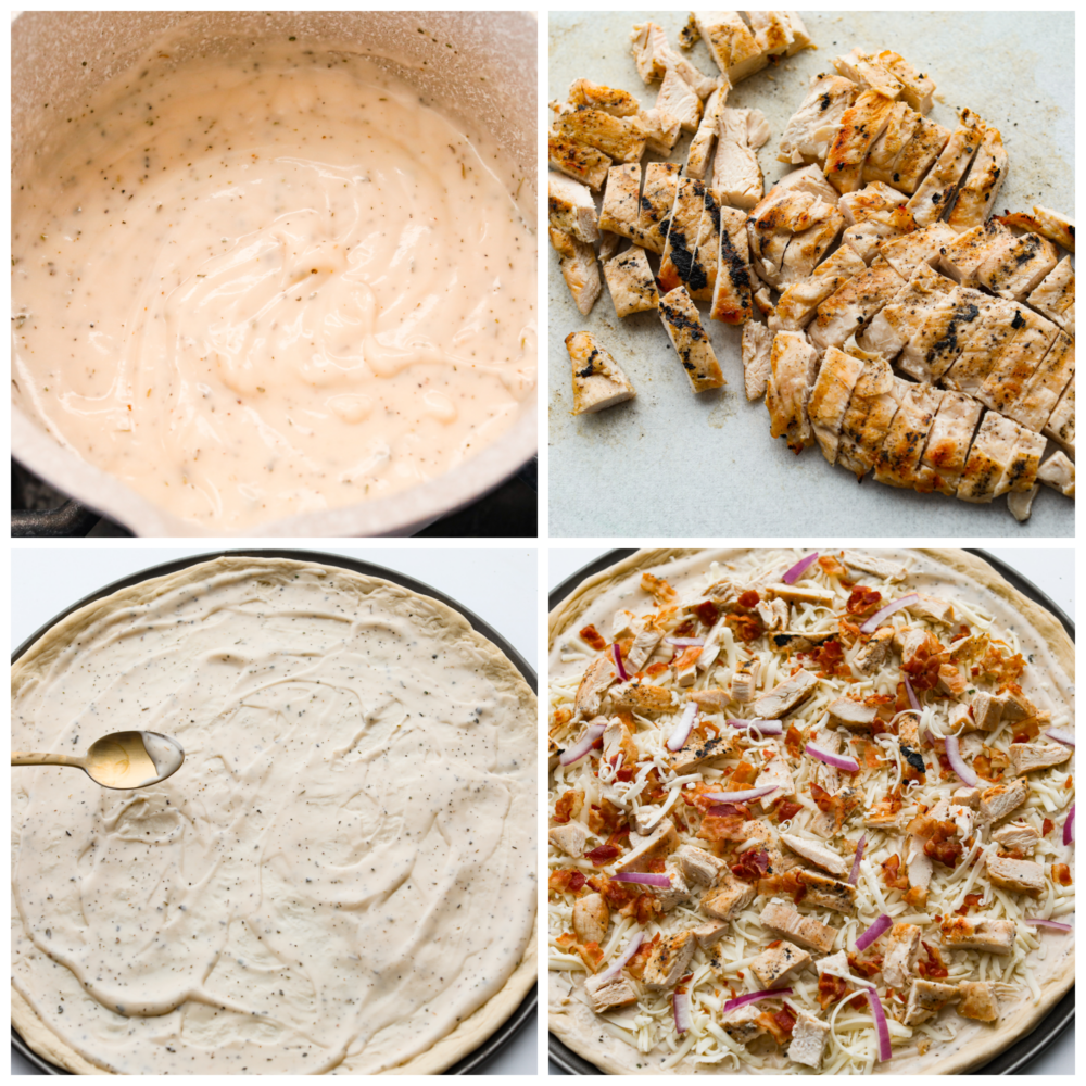 A total win for pizza night, this chicken alfredo pizza will be the best that you make. The homemade alfredo sauce is out of this worldย and the dough is quick and easy with only 20 minutes of rest time! 4-photo collage of alfredo sauce and toppings being added to pizza dough.