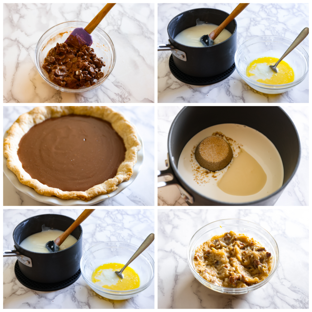 This decadent dessert is everything you love about German chocolate cake in one easy-to-make pie! Layers of chocolate custard, perfectly sweet shredded coconut, and salted pecans all in a golden, flaky crust. It's the perfect addition to your Thanksgiving table! 6-photo collage of chocolate custard filling and coconut topping being prepared and added to a baked pie crust.